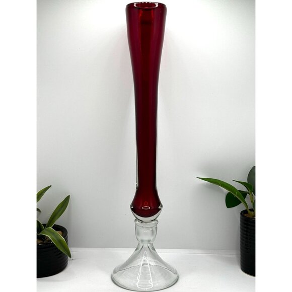 Tall Elegant Red & Clear Glass Vase For Home Decor Or Floral Arrangements - Picture 3 of 8